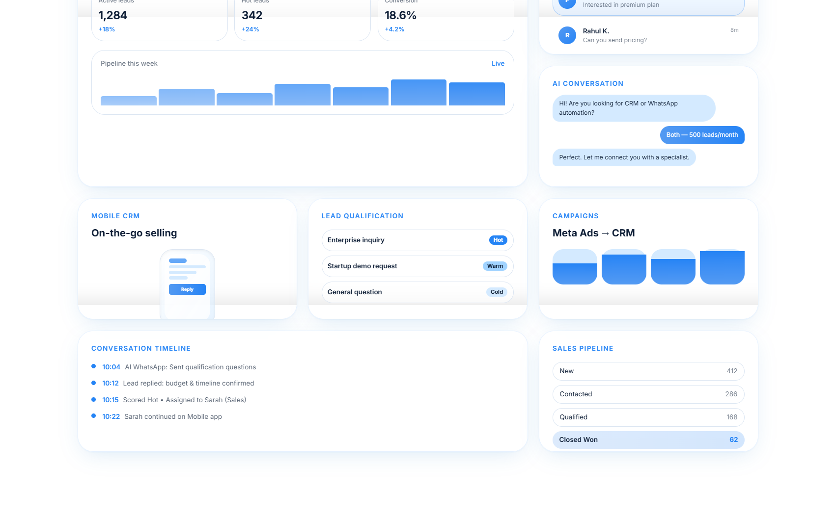 Genitalk CRM dashboard and WhatsApp inbox preview